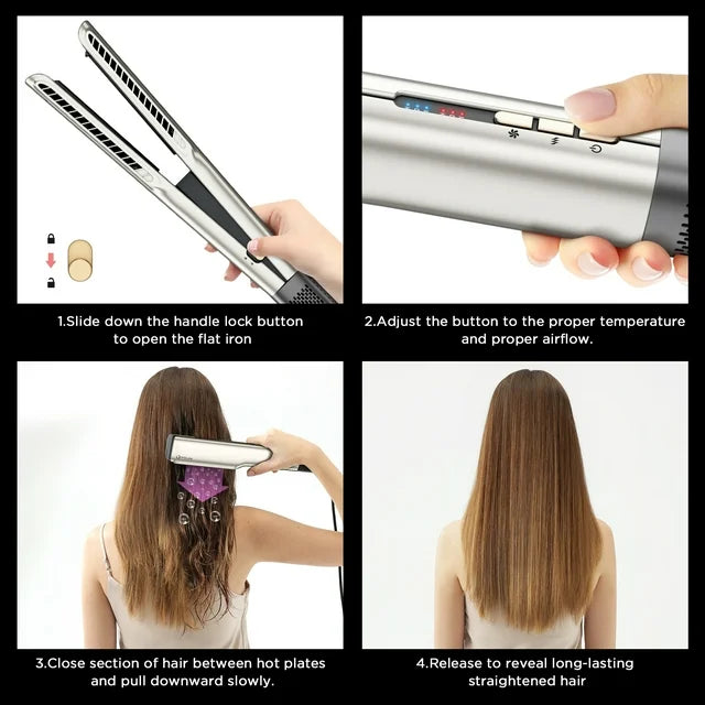 IG INGLAM Air Straightener - Advanced One-Step High-Speed Airflow Hair Straightener & Dryer with 110,000 RPM Brushless Motor, Airflow Flat Iron with 200 Million Negative Ions, Champagne Silver