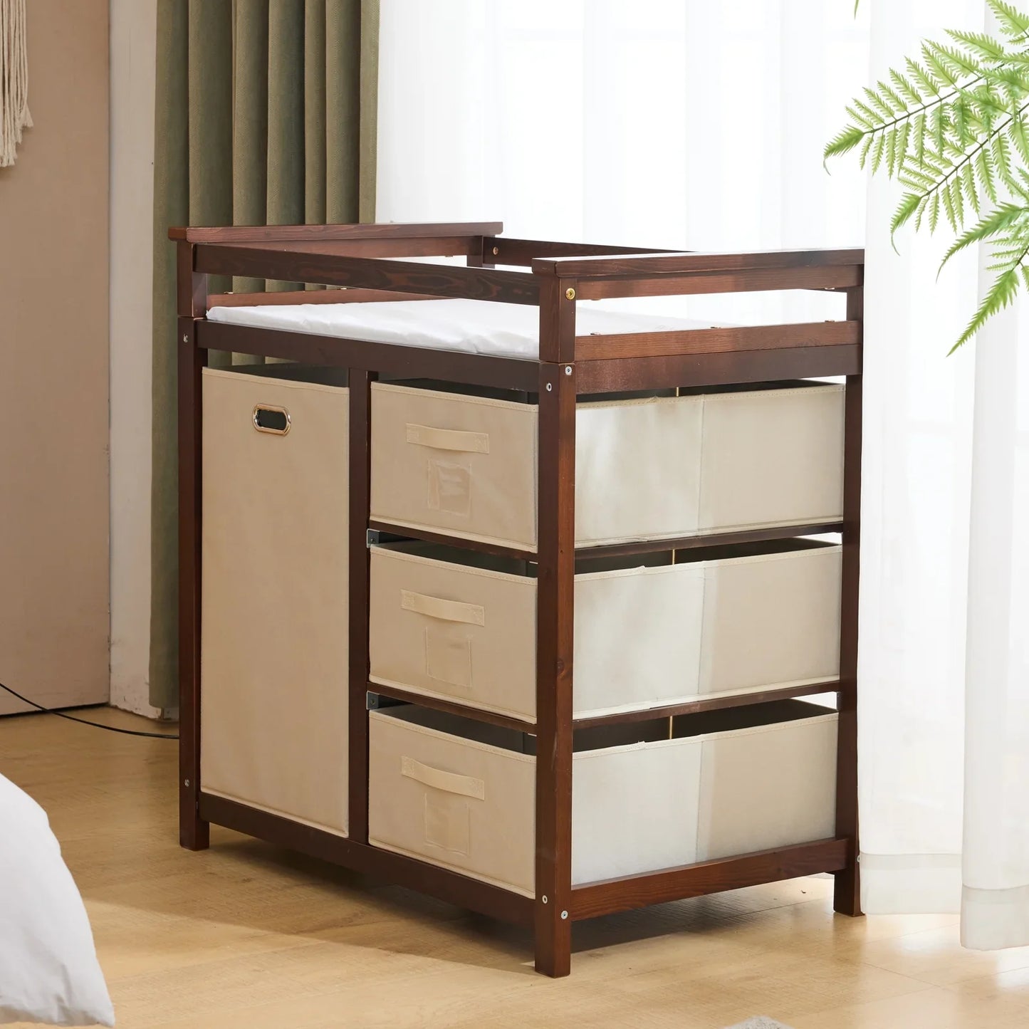 Baby Changing Table,Dresser Baby Diaper Changing Station with Laundry Hamper,Infant Nursing Table with 3 Storage Drawers,Removable Safety Rail & Strap for Bedroom,Brown