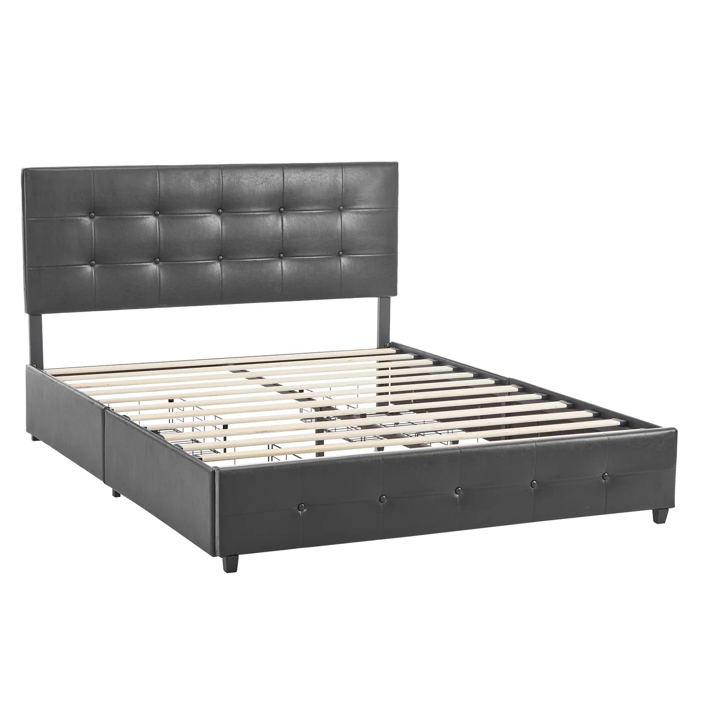 Zimtown Queen Size Upholstered Platform Bed Frame with 4 Drawers and Tufted Headboard, Black