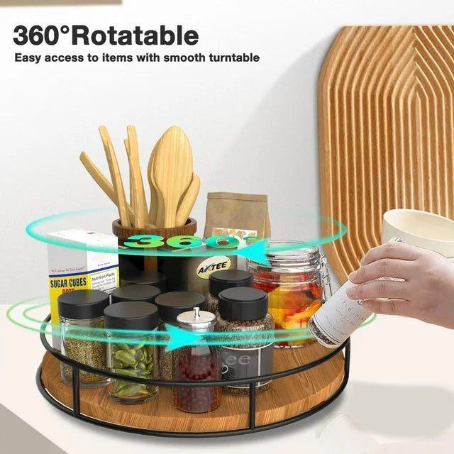 Katinyos 9 inch Lazy Susan Organizer, Non-Skid Round Wood Turntable Organizer with Steel Sides, Pantry Organizers and Storage for Cabinet, Kitchen Countertop, Spice Rack