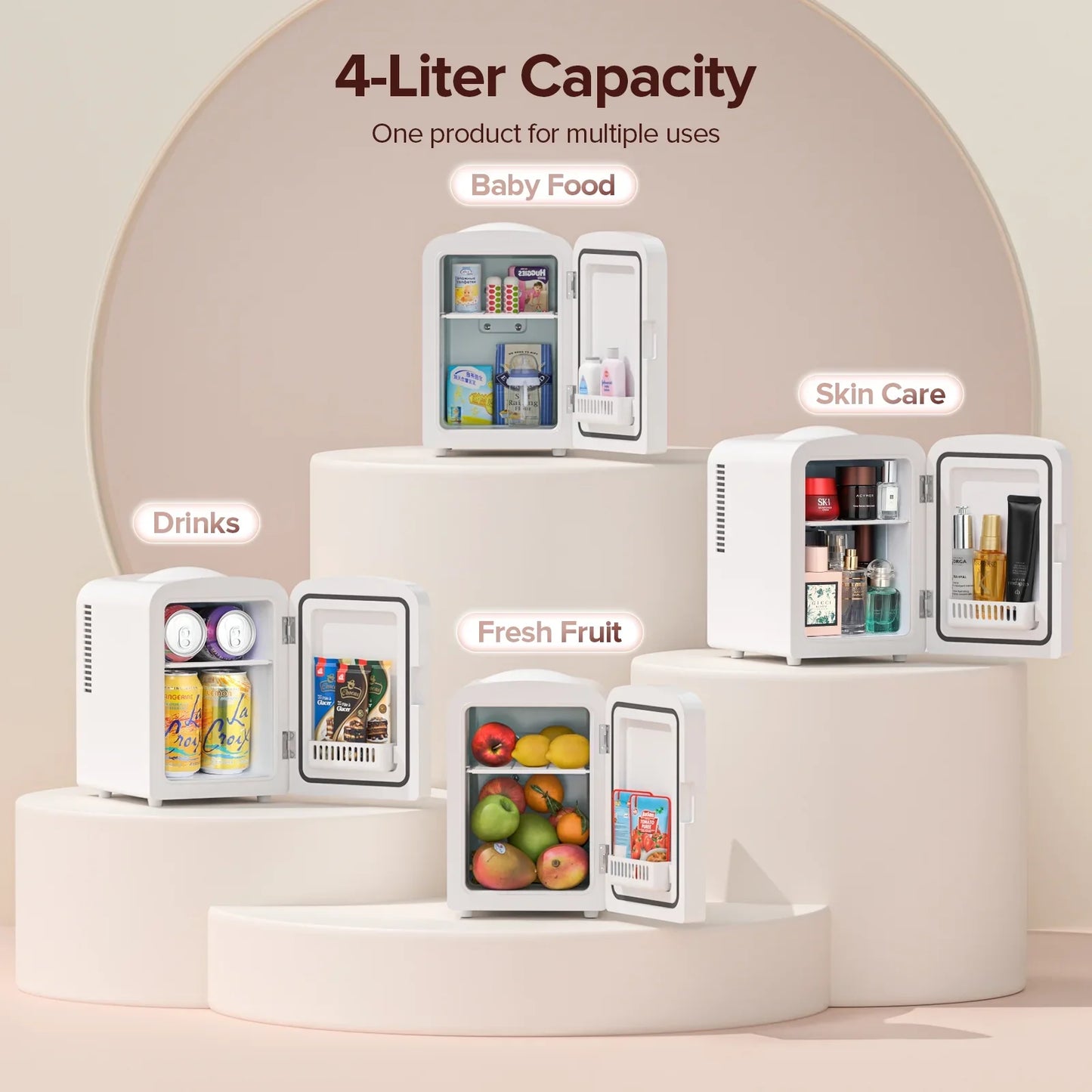 Moifoi Mini Fridge Cooler Personal, 4L Capacity (Holds 6 Cans), Front Door in Durable Stainless Steel, 12v AC/DC, Ideal for Skincare, Makeup, Drinks - White