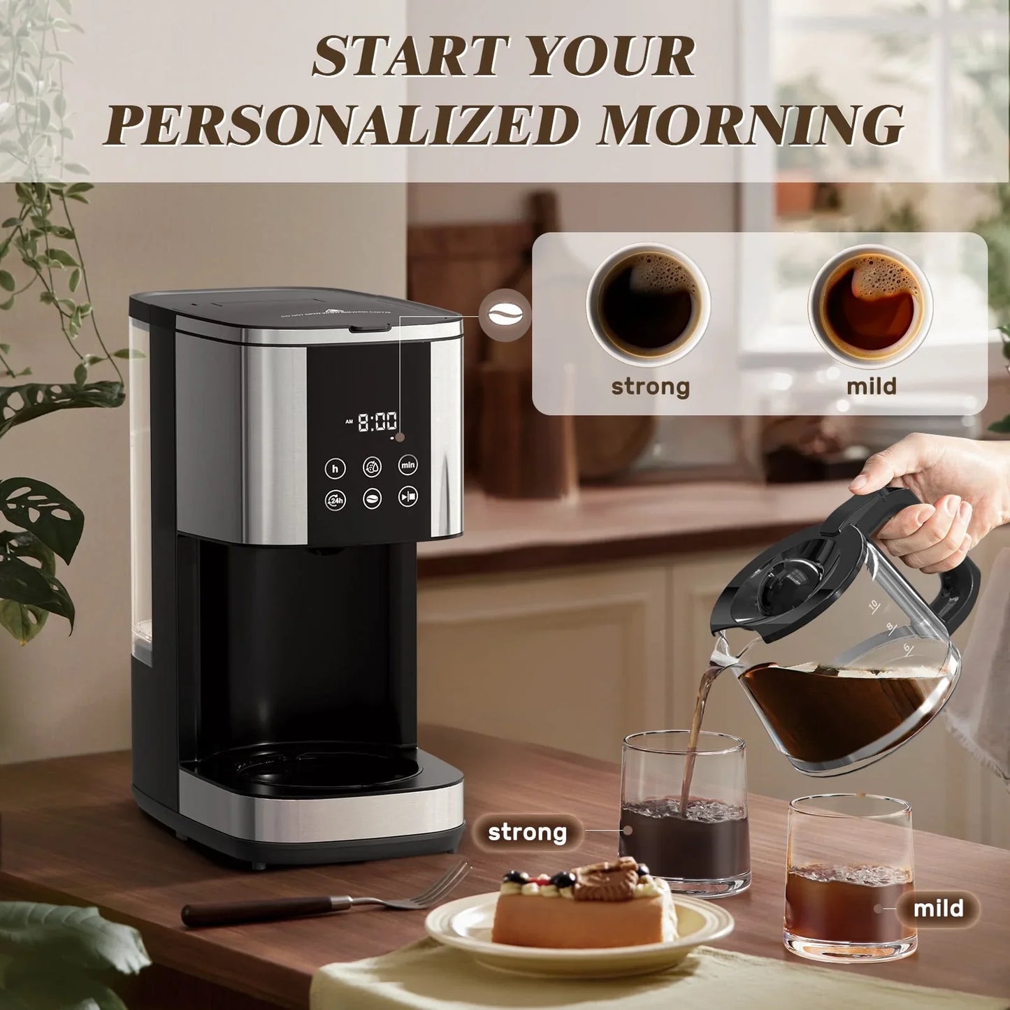 Auseo Drip Coffee Maker with Glass Carafe, 10-Cups Programmable, 2 Coffee Strength Options, Time Control, Warming Function for Home