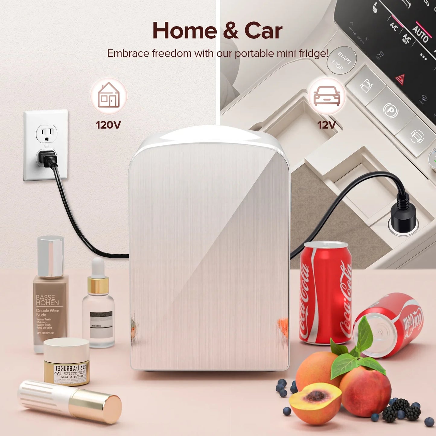 Auseo Mini Fridge Cooler Personal, Countertop, Holds up to 4L/6 Cans, Front Door Stainless Steel, 12v AC/DC, Option for Skincare, Makeup, Drinks, Elegant White