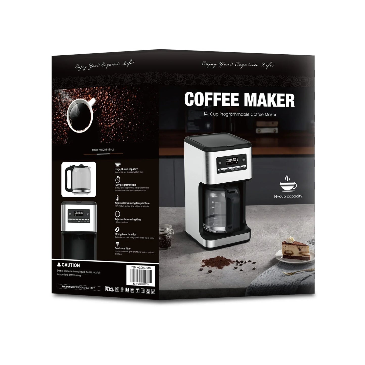 Auseo 14-Cup Programmable Coffee Maker - 24Hr Brew Scheduling, Bold Brew & Self-Cleaning, 1050W Fast Brewing w/Large Glass Carafe & Reusable Filter for Home/Office (Stainless Steel)"