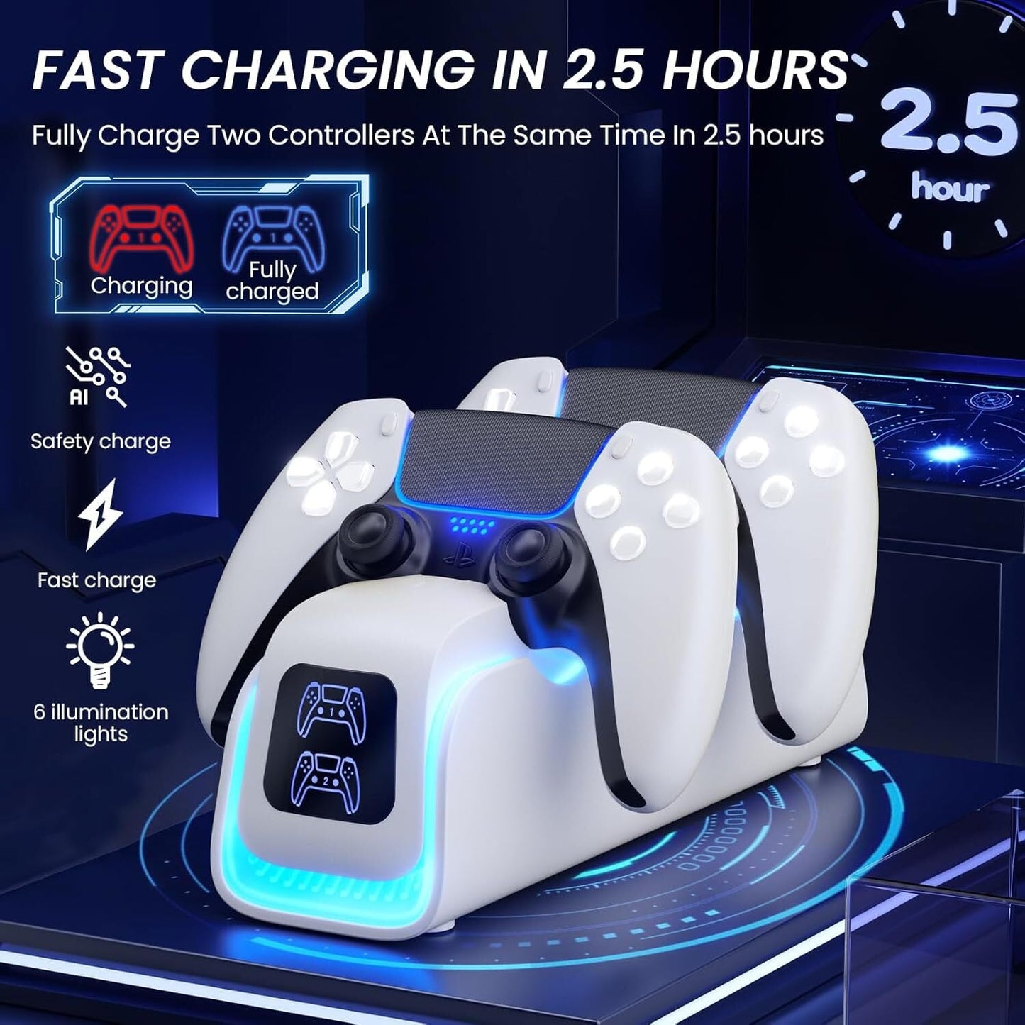 PS5 Controller Charger,PlayStation Charging Dock for PlayStation 5 Dualsense Edge with 6 LED & RGB Mode,Overcharge Protection Fast Controller Charging Station Stand Skin with Cable for Game Console