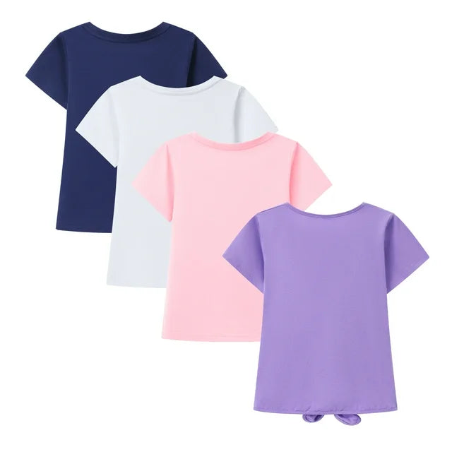 HILEELANG Little Girl Short Sleeve Tees Summer Easter Purple Bowknot Blue Pink Navy Girl Cotton Tops Shirts 4 Packs Size 6