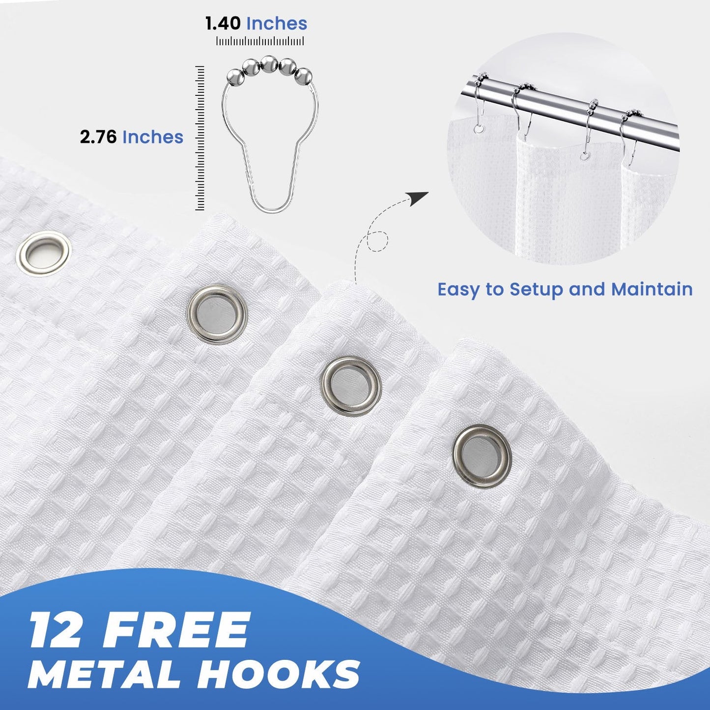 TURKIO Fabric Shower Curtain White Waffle Bathroom Curtain,Water-Repellent,Hotel Grade 72"x72"