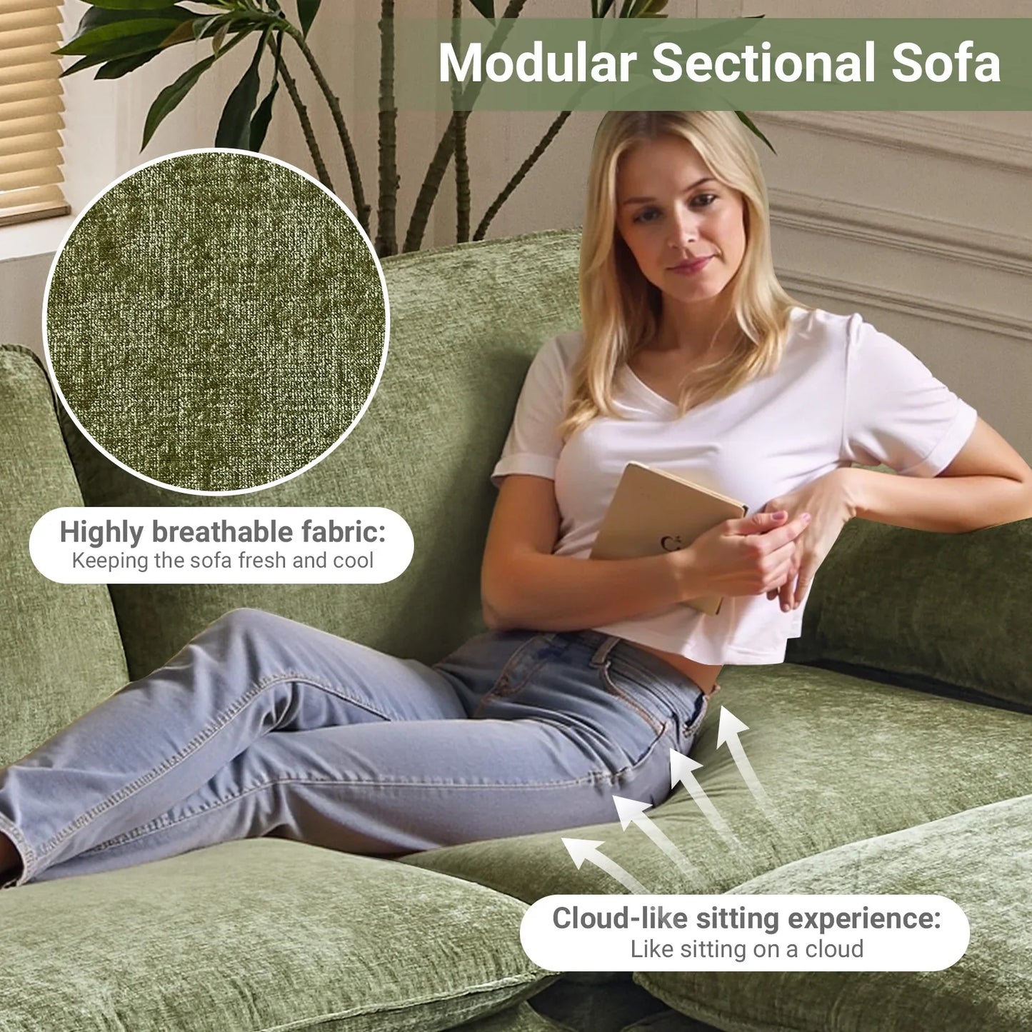 Ktaxon Sectional Sofa L Shaped Couch with Chaise Living Room Sleeper Set, 3 Seats with Chenille and Double Layer Cushions 120" W Olive Green