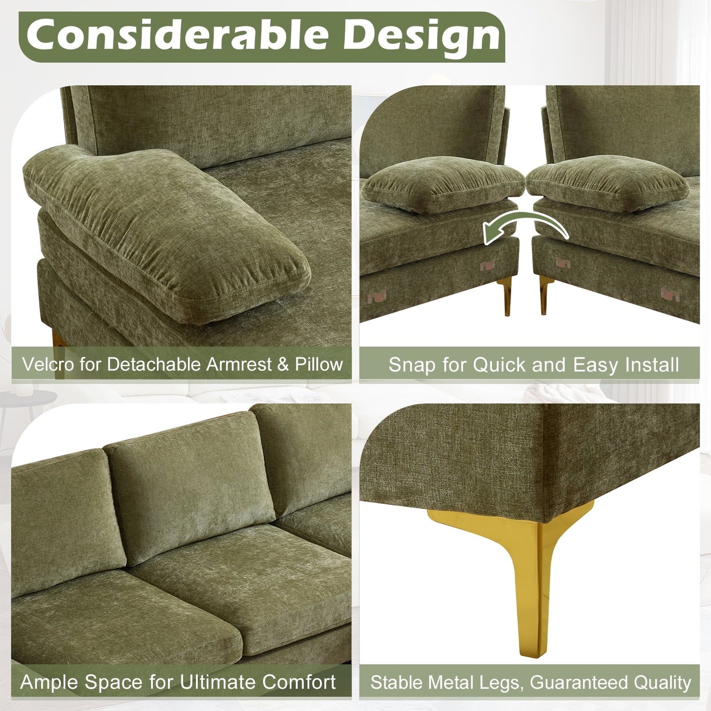 Ktaxon Sectional Sofa Set, 110" U-Shaped Chenille Couch, 4 Seat Lounge Sleeper with Double Chaise for Living Room Green