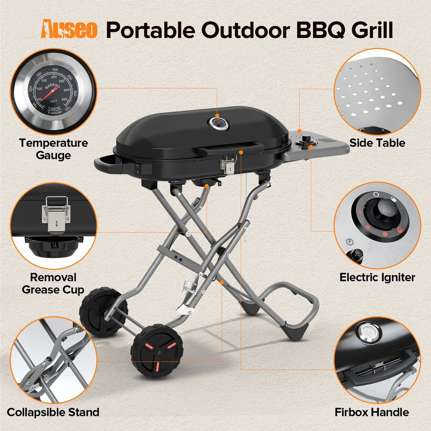 LHRIVER Portable Stand-Up Propane Grill, 15000 BTU Folding Gas Grill Cart with Side Table & 2 Wheels for Camping, Patio