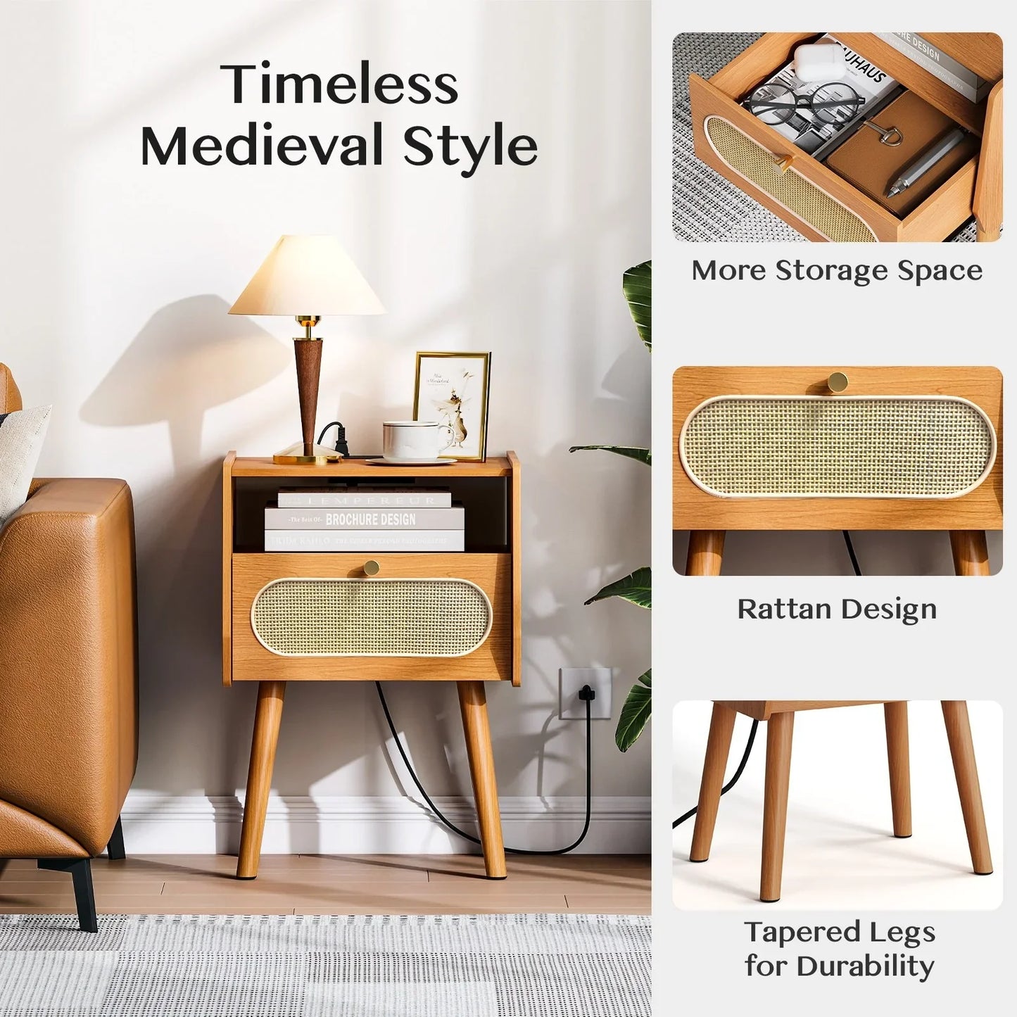 JOINICE Rattan Nightstands Set of 2, Beside Table with Charging Station,for Bedroom,Cherry