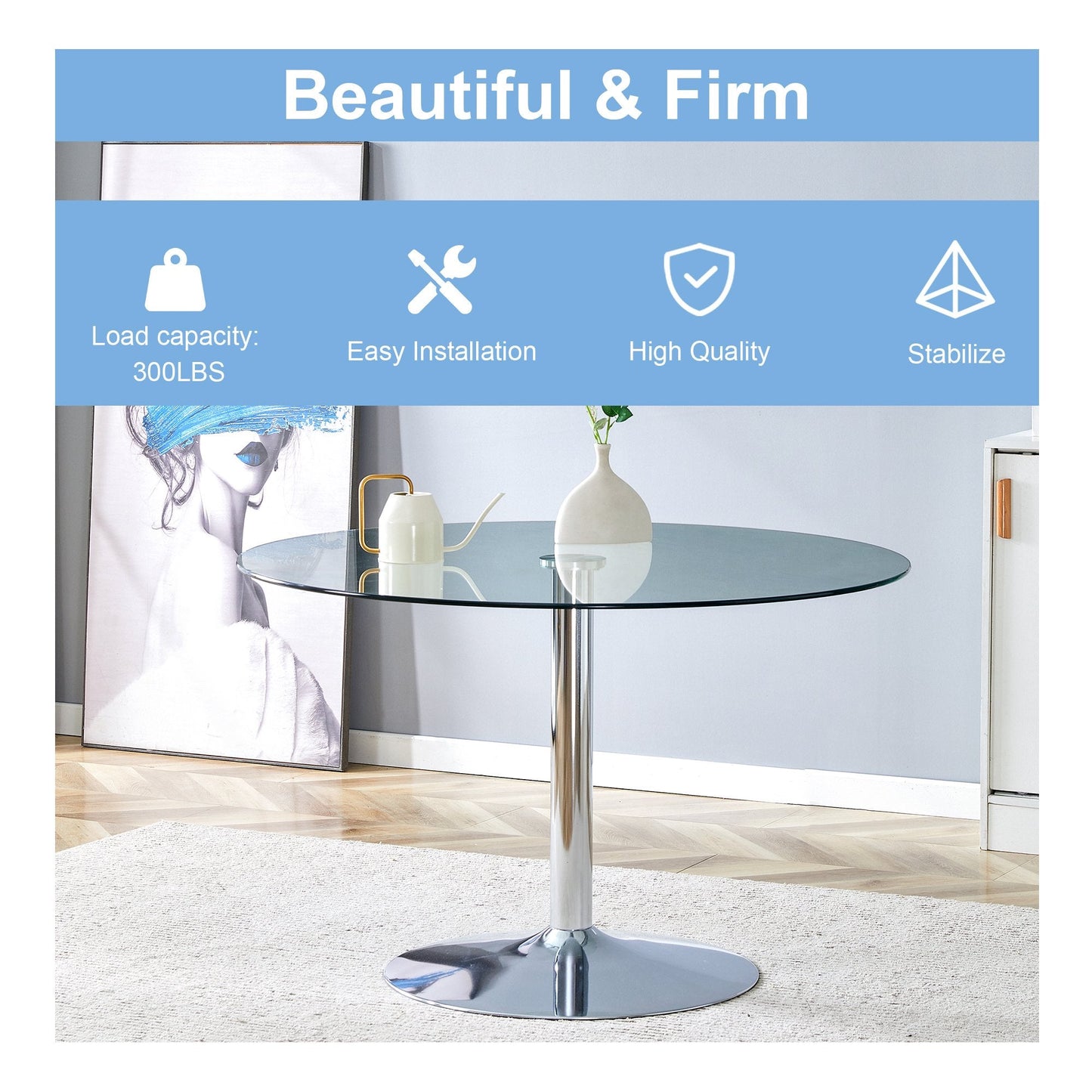 47" Modern Round Bar Style Dining Table Set with 4 Velvet Upholstered Chairs,Silver Leg Glass Table with 4 Black Chairs with Silver Leg