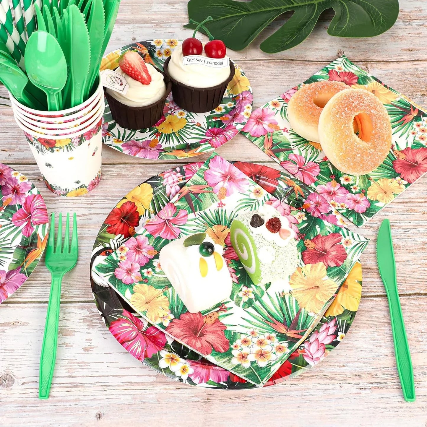 133Pcs Hawaiian Luau Party Supplies Tropical Dinnerware Set Serves 16, Aloha Plates Napkins Cups Tablecloth Knives Forks Spoons for Birthday Luau Party Decorations