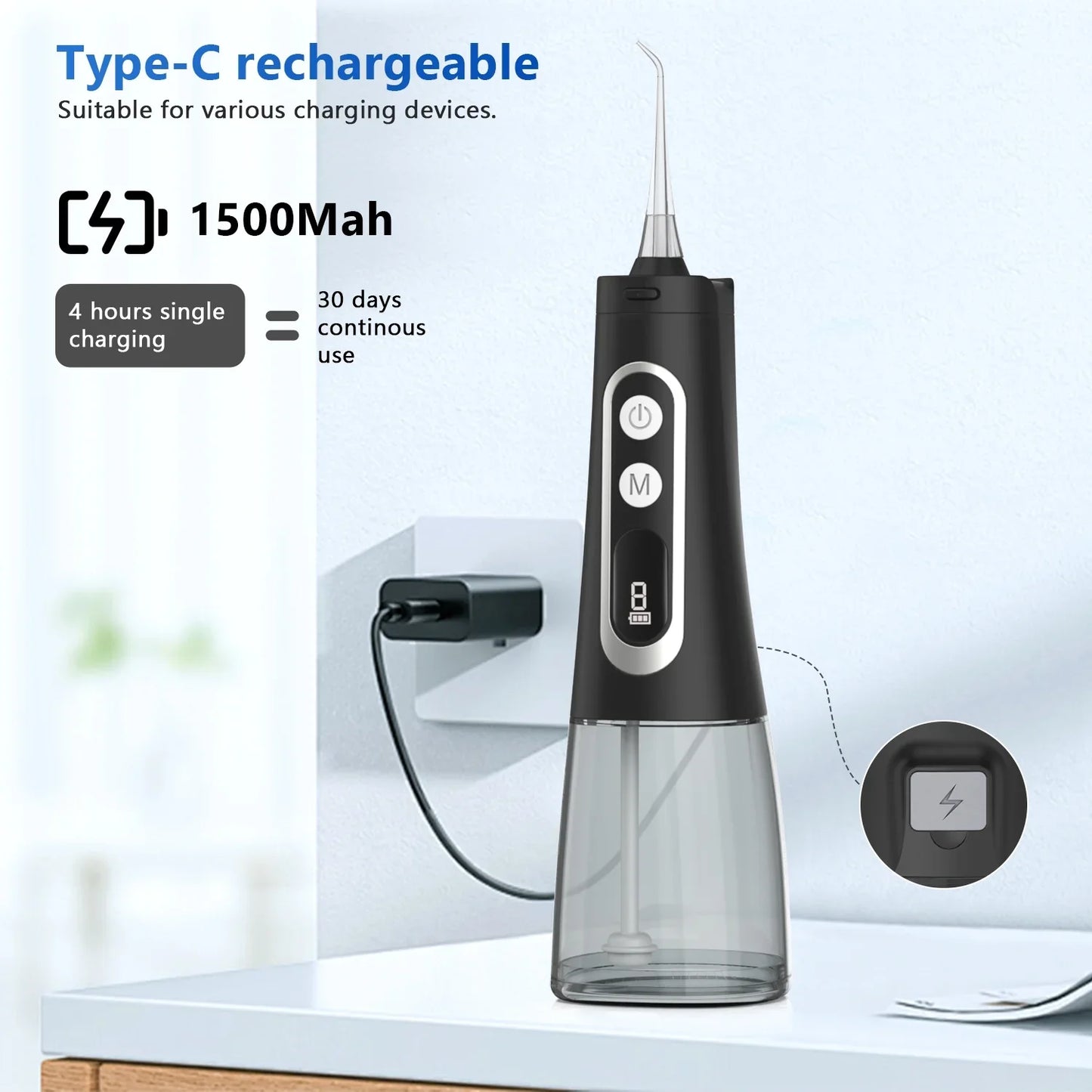 Cordless Water Flosser, Portable Dental Teeth Cleaner, 310ML Tank USB Rechargeable Dental Oral Irrigator for Home and Travel, 4 Modes 8 Jet Tips, IPX7 Waterproof, Easy-to-Clean(Black)