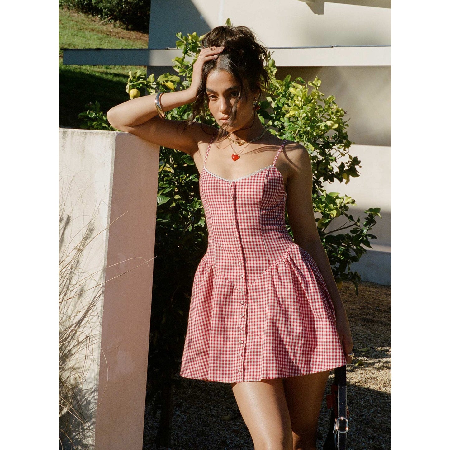 Peyakidsaa Savings Clearance Women Summer Cami Dress Spaghetti Strap Plaid Sweetheart Neck Sleeveless Button-down A-Line Short Dress