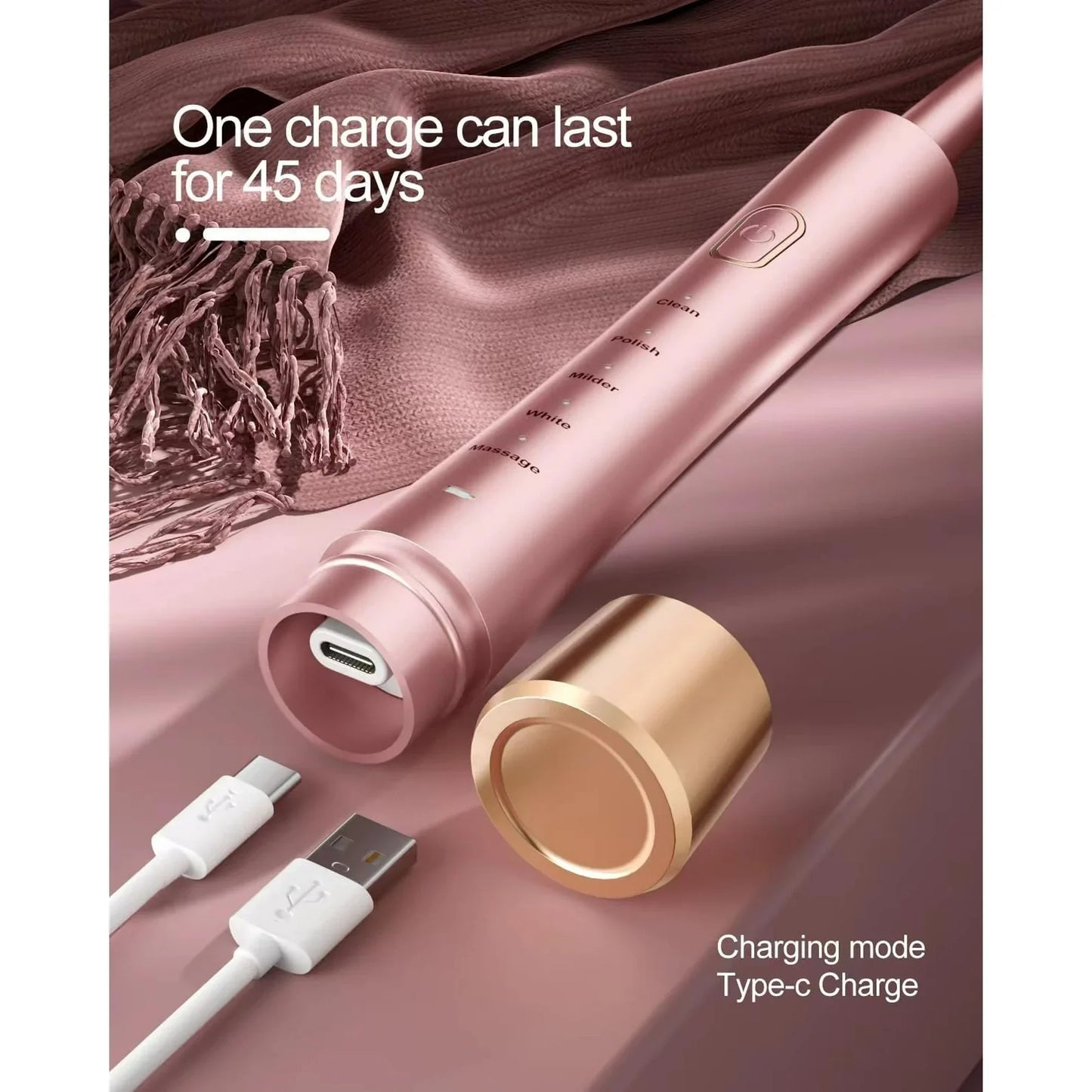 Electric Toothbrush for Adults, USB Rechargeable Toothbrush with 8 Brush Heads, Smart Timer, 5 Modes, 2-hour Fast Charge Last 30 Days, Pink