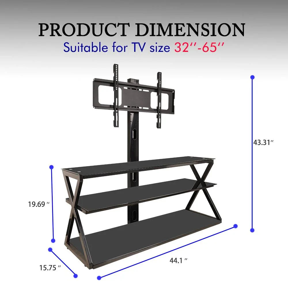 Ktaxon Swivel Floor TV Stand Mount 3 Tier Tempered Glass Shelf for 32 37 40 42 46 47 50 55 60 65"