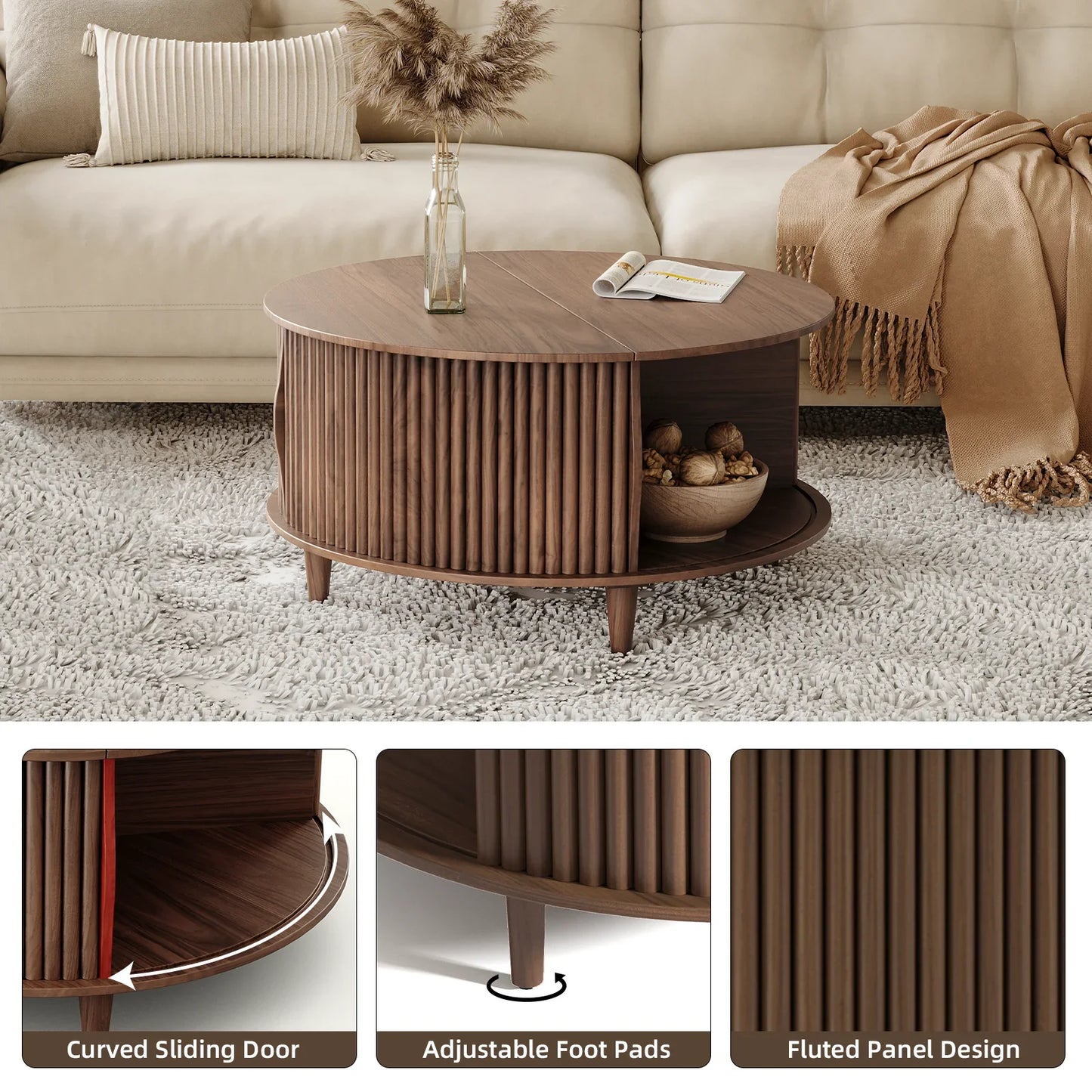 JOINICE Mid Century Modern Round Flip Top Coffee Table with Storage,for Living Room,Walnut