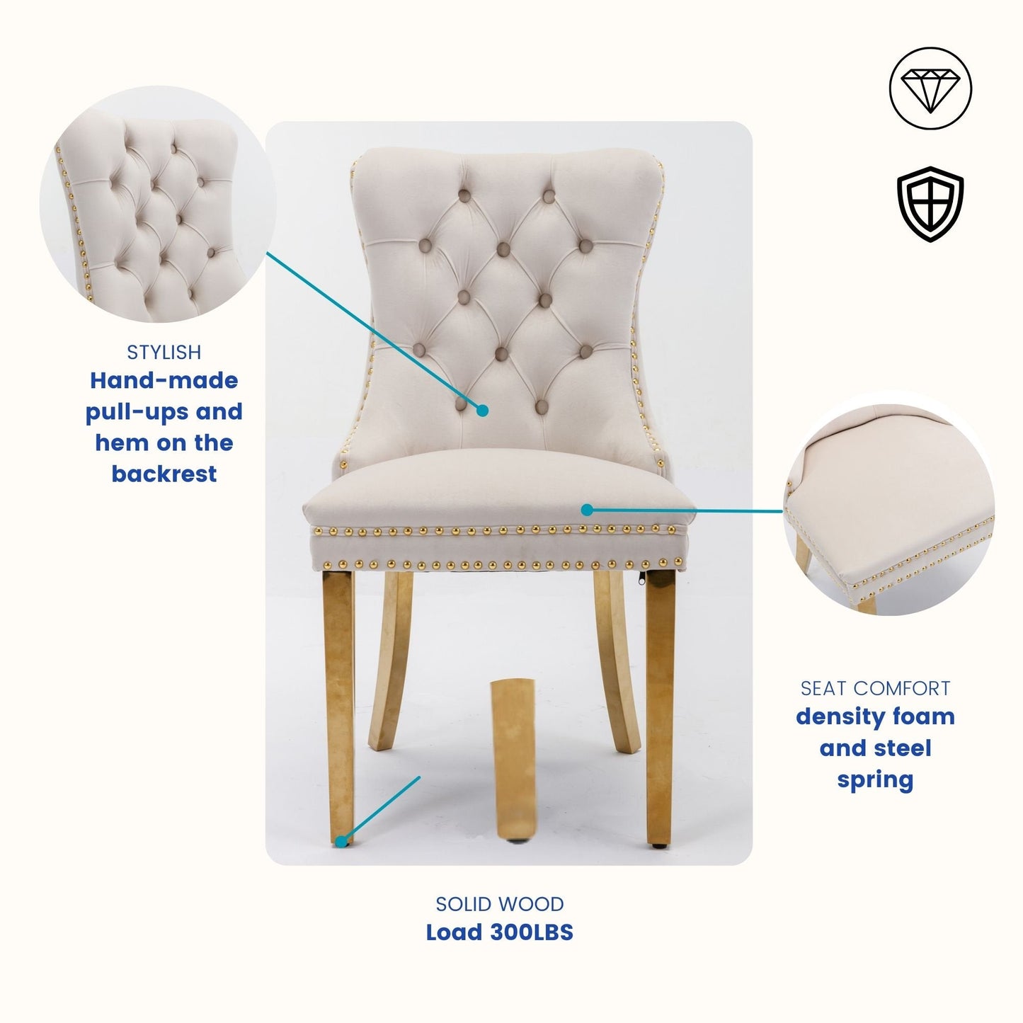 Sumdeal 63" Modern Sintered Stone Dining Table with 6 Velvet Dining Chairs,White pattened Table with Golden Leg,6 Beige Chairs