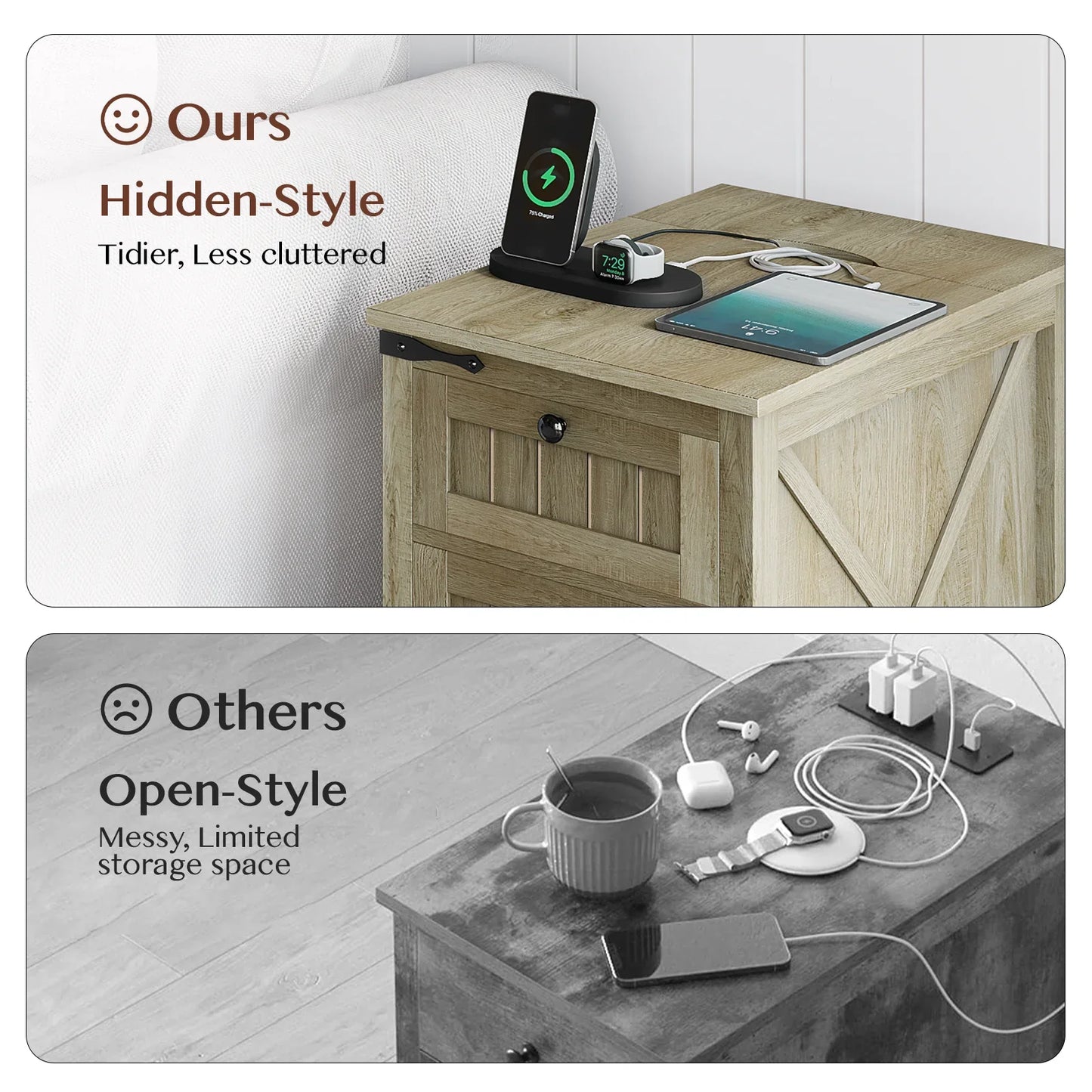 Nightstand with Charger Station,Industrial/Farmhouse End Table with Drawers & Cabinet,Side Table with Door and Storage Shelf,Side Tables for Living Room,Bedroom,Office (Light Rustic Oak X2)