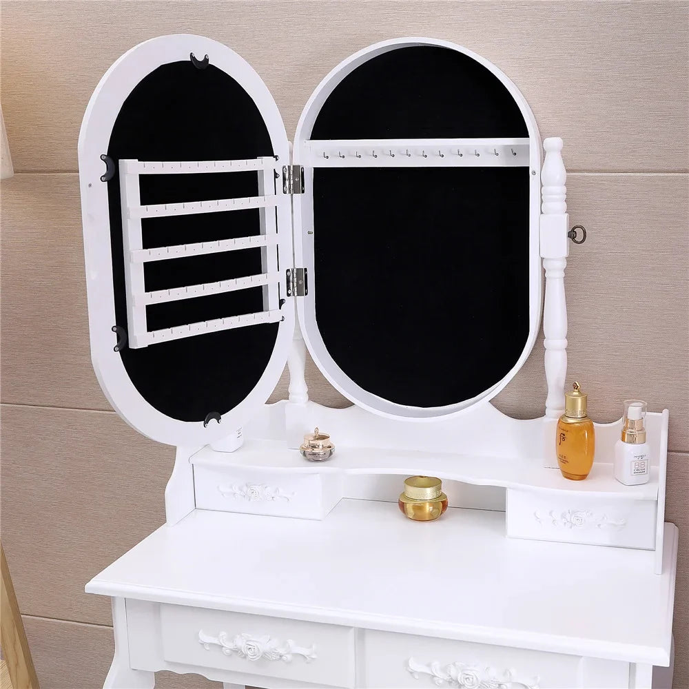 Ktaxon Vanity Jewelry Wooden Makeup Dressing Table Set W/Stool Mirror Cabinet &4 Drawer