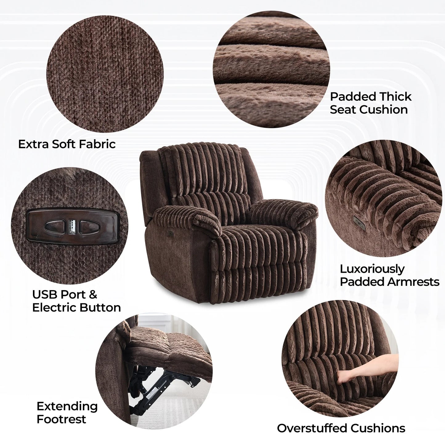 Power Recliner Oversize Chairs for Adults Electric Recliners Chair Soft Fabric Overstuffed Single Reclining Chair for Living Room for Big Man with USB Port