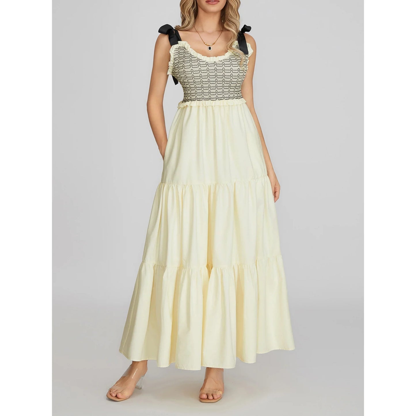 Peyakidsaa Savings Clearance Women's Sleeveless Tie-up Shoulder Tiered Long Dress Backless Club Party Maxi Cami Dresses