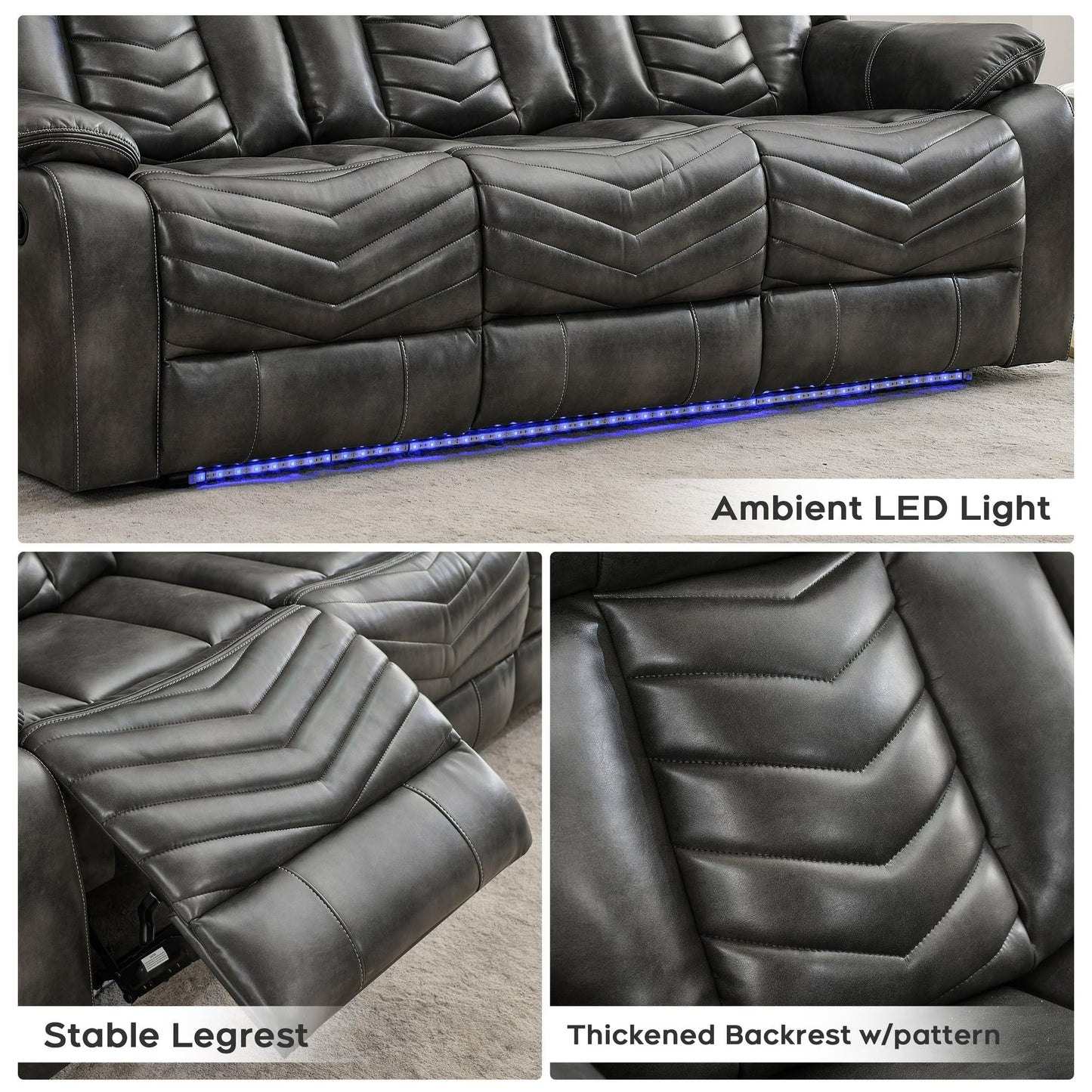 Manual Recliner Sofa Sets with Bass Speaker,Wireless Charger Faux Leather Manual Reclining Living Room Furniture Set