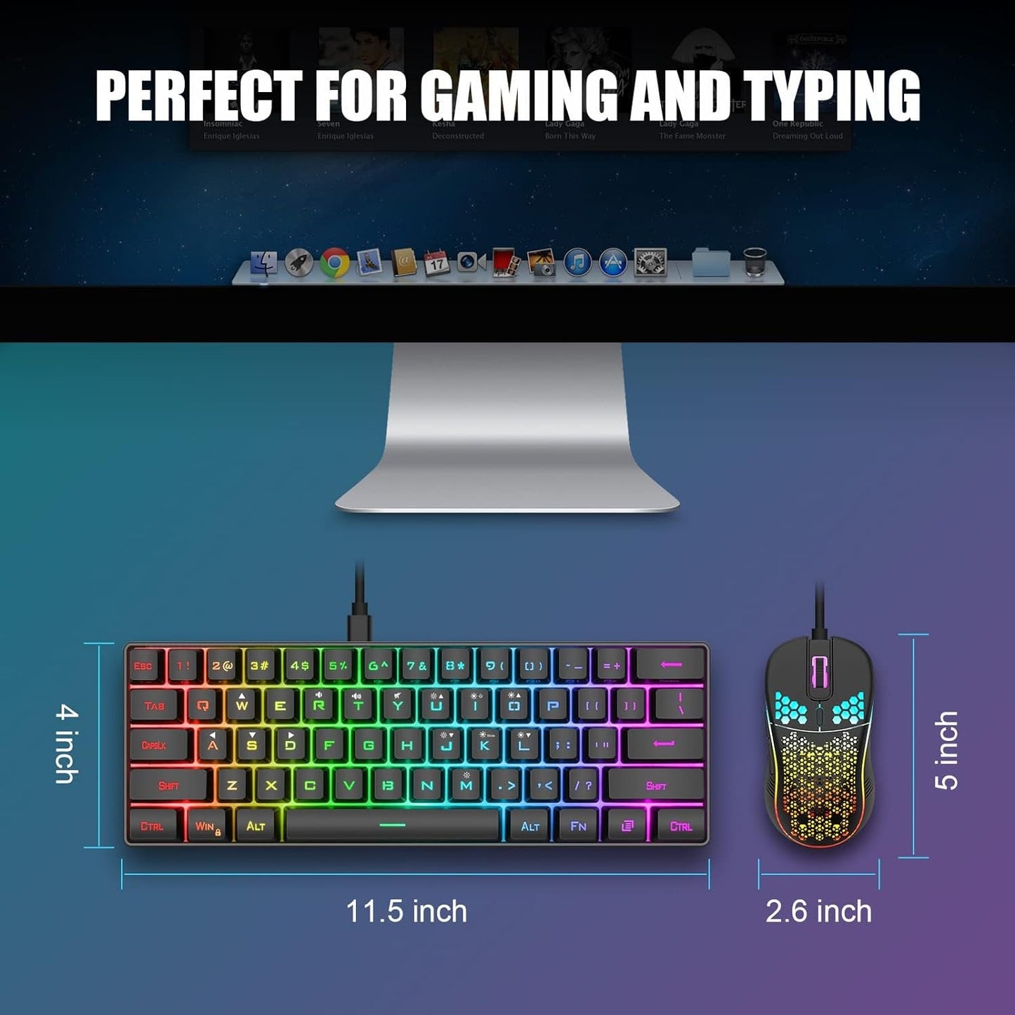 Gaming Keyboard and Mouse Combo, Rainbow LED Backlit Multimedia PC Gaming Keyboard, Office Keyboard Colorful Breathing Backlit Gaming Mouse for Working or Primer Gaming, Office Device