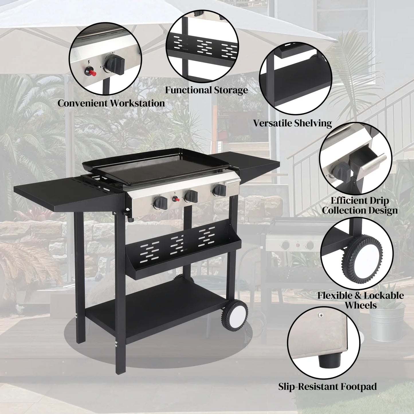 Ktaxon 3 Burner Propane Griddle Flat Top Gas Grill 30000 BTU with Ceramic Coated Cast Iron Pan,Side Shelves,Spice Rack,Wheels