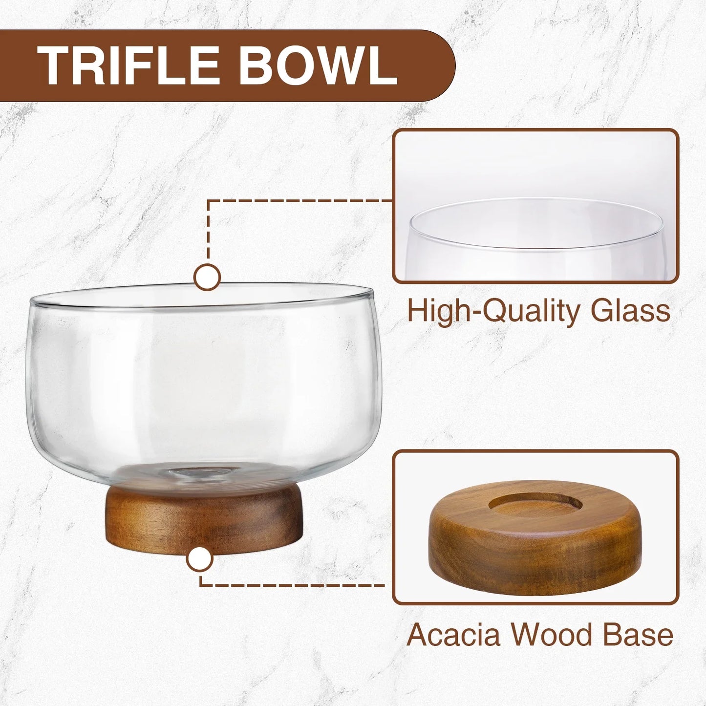 NiHome 123oz Large Glass Trifle Bowl with Elegant Acacia Wood Stand, Versatile Serving Dish for Cakes, Salads, Desserts, Stylish Display for Parties, Weddings, Special Occasions, Durable