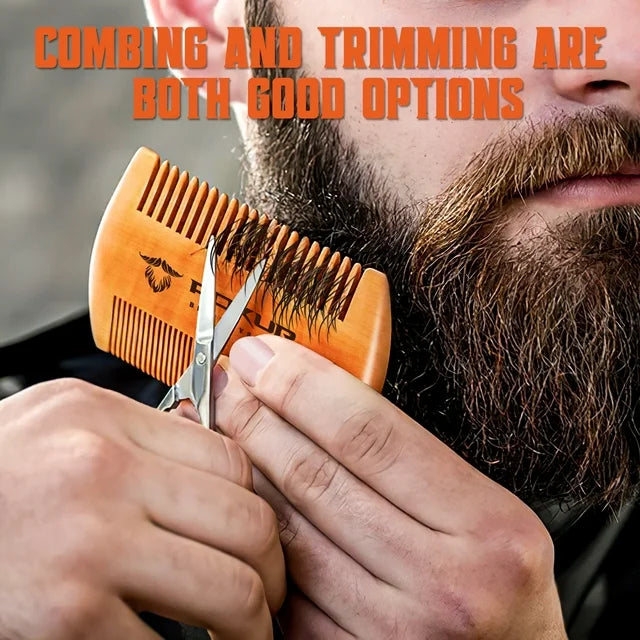 Beard Brush for Men and Dual Action Wood Comb Set for Beards and Mustaches, Beard Grooming Kit w/Mustache Scissors And Travel Bag