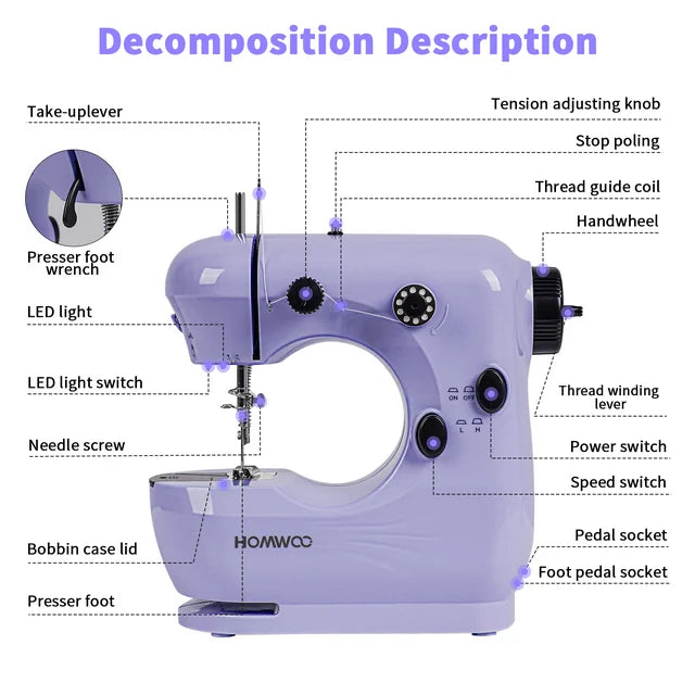 HOMWOO Mini Sewing Machine for Beginner, Dual Speed Portable Machine with Extension Table, Light, Sewing Kit for Household, Travel