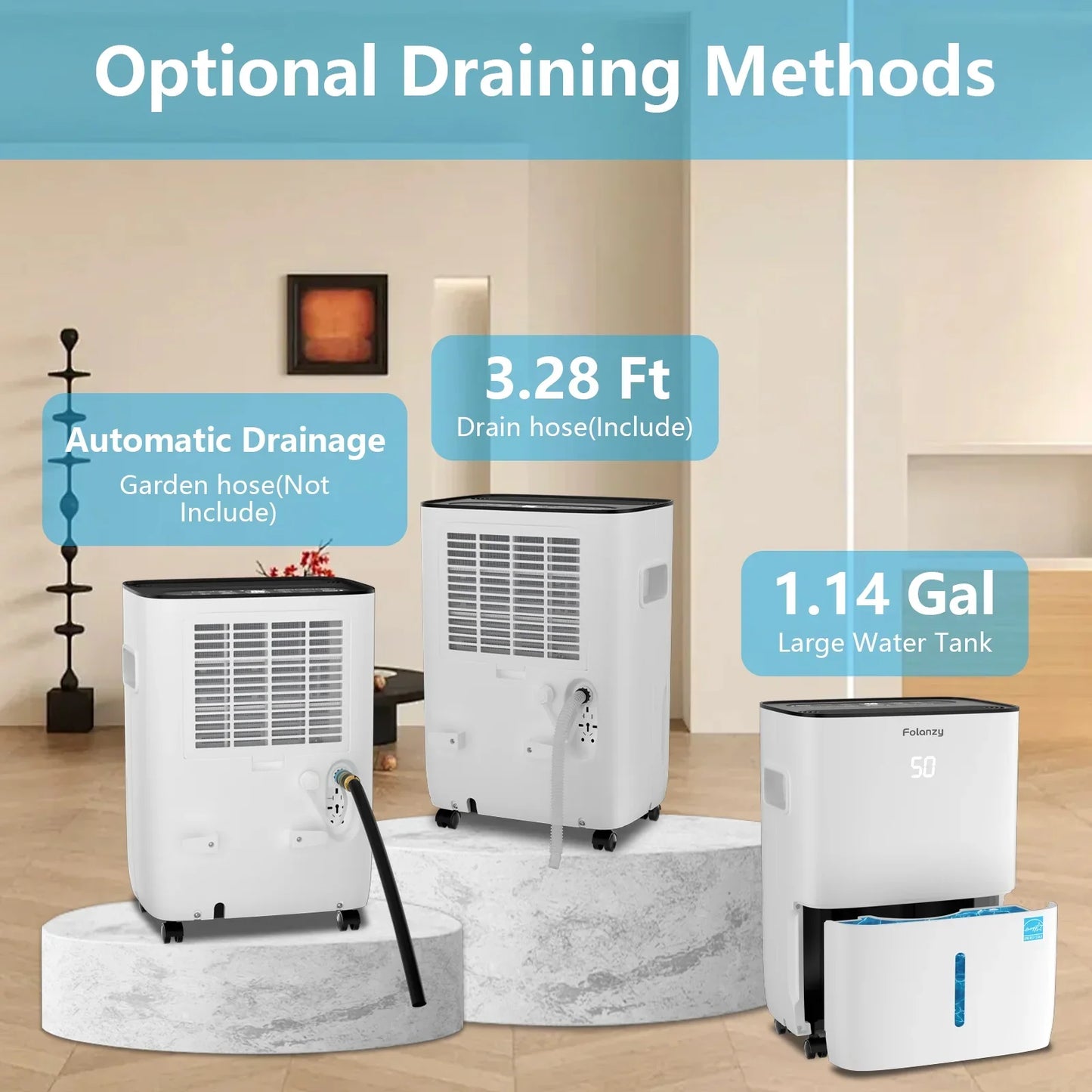 Folanzy 80 Pints Smart Dehumidifier for Home Basement Large Room Spaces up to 5,200 Sq. Ft with Drain Hose and Water Tank