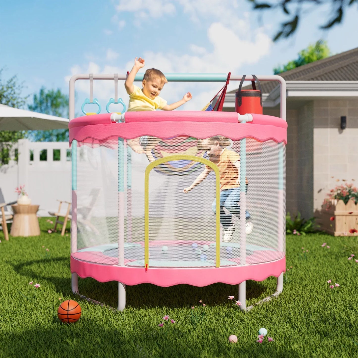 Kidsbuddy Trampoline for Kids, 60'' Toddler Mini Trampoline with Enclosure Net, Indoor Outdoor 5FT Kids Trampoline with Swing Basketball Hoop, Gifts for Boys Girls, 440LB, Pink