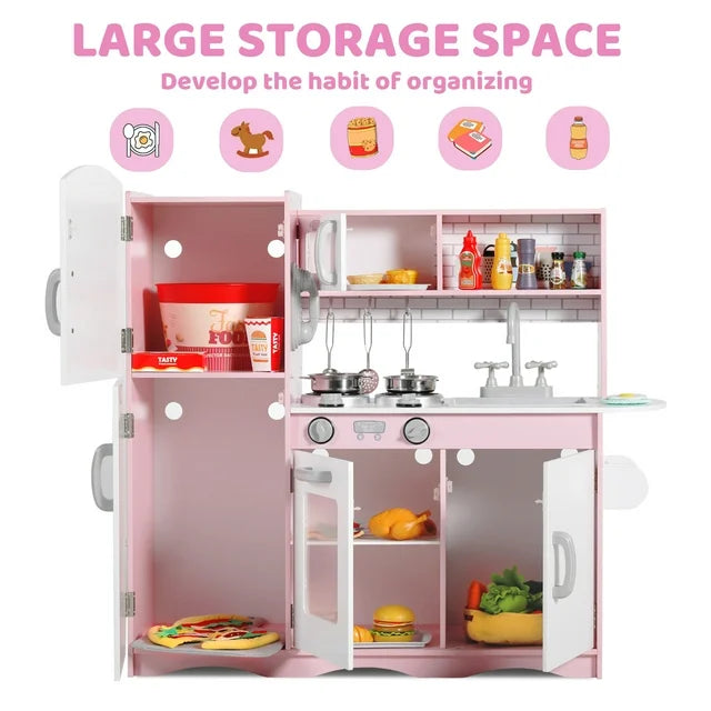 LINLUX Wooden Kids Play Kitchen, Toy Kitchen Playset For Toddler, Realistic Kitchen Sets Baby, Pink