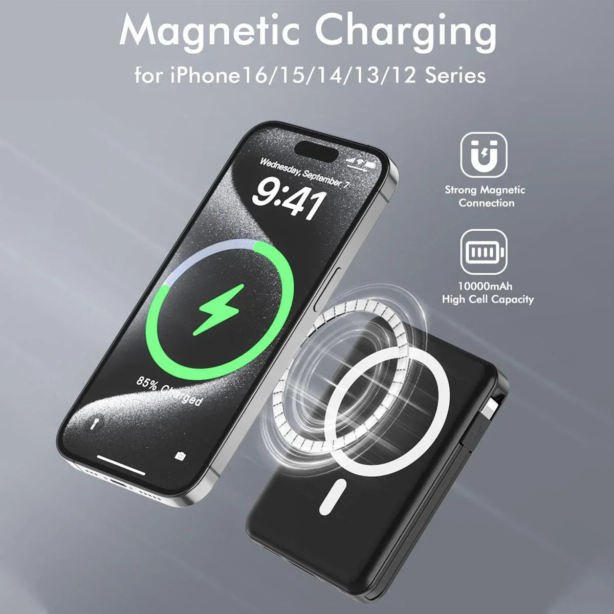 Podoru Wireless Portable Charger, 10000mAh Magnetic Power Bank Built-in USB C Lighting Cables 22.5W PD Fast Charging LED Display Battery Pack for for iPhone 16/15/14/13/12 - Black