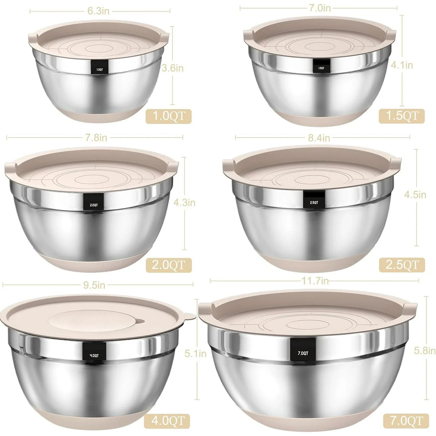 Mixing Bowls with Airtight Lids, 26Pcs Stainless Steel Bowls Set, 3 Grater Attachments & Black Non-Slip Bottoms Size 7, 4, 2.5, 2.0,1.5, 1QT, Great for Mixing & Serving