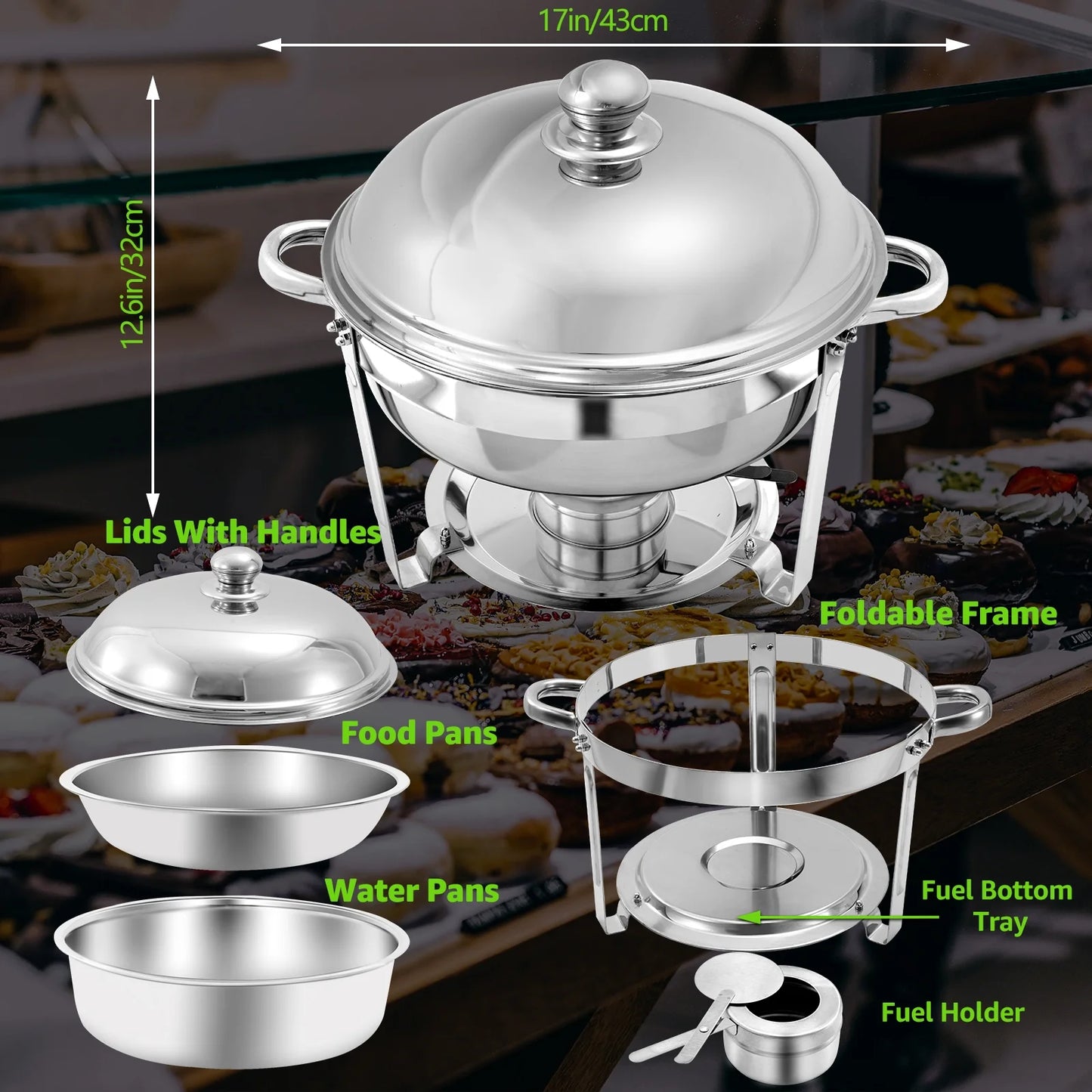 PRIJESSE 4-Pack Chafing Dish Buffet Set, 6QT Round Buffet Servers and Warmers Set, Stainless Steel Catering Food Warmer with Lid for Party