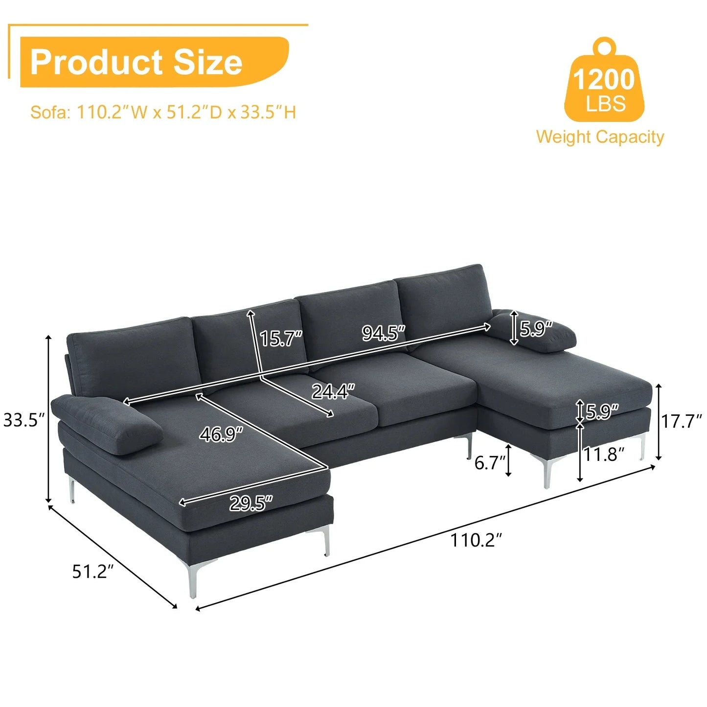 Ktaxon Sectional Sofa, U-Shape Convertible Couch Set with Soft Linen Fabric, Lounge Sleeper with Chaise for Living Room 4 Seat Dark Gray