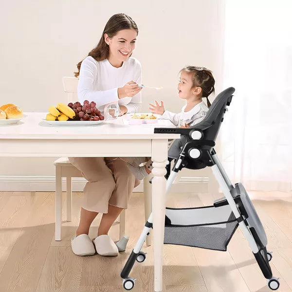 Kinder King Foldable High Chair for Babies & Toddlers, Adjustable Height, Recline, Storage Basket, Detachable Trays, 4 Lockable Wheels