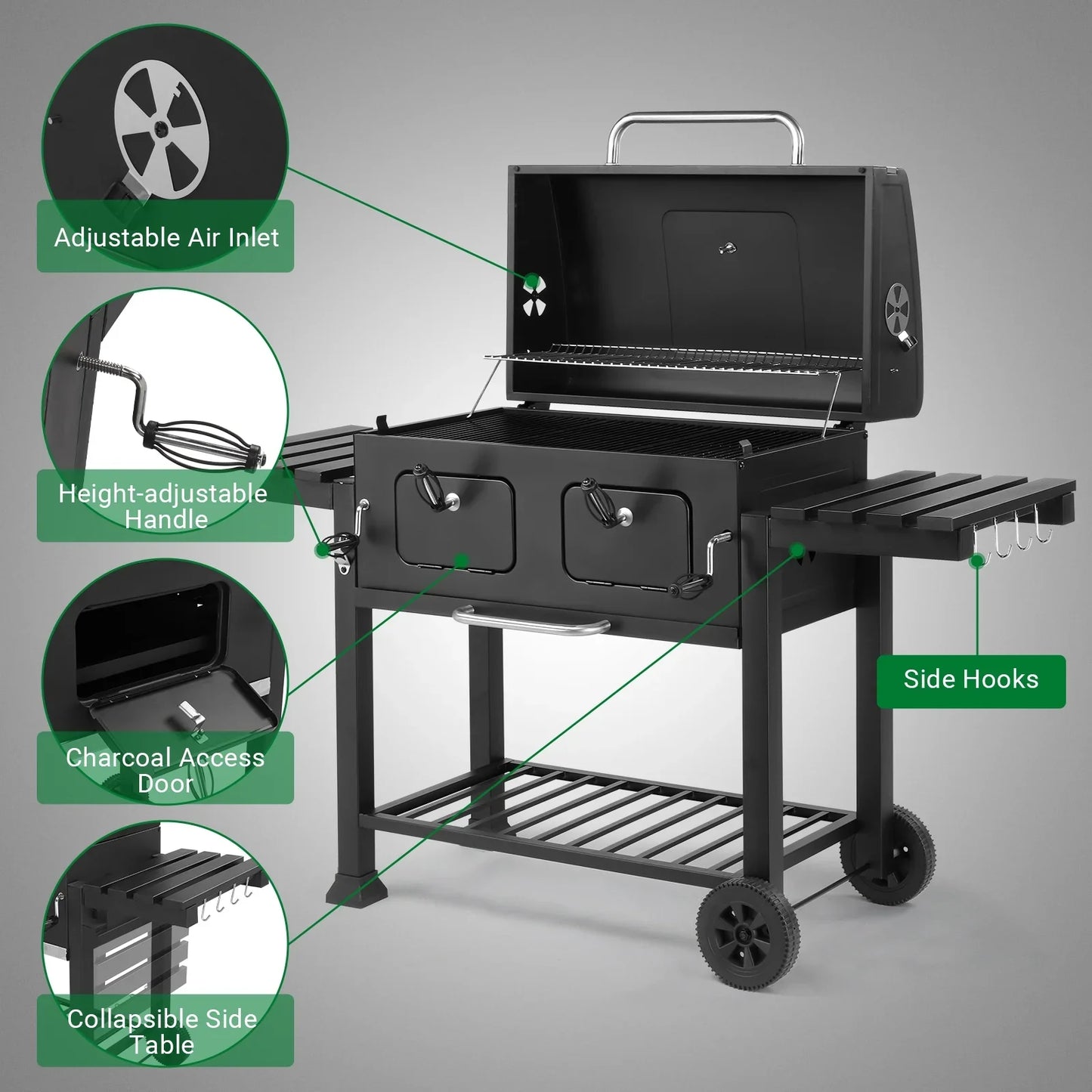 Ktaxon BBQ Grill Outdoor Charcoal Grill Smoker Large-sized Barbecue Grill with 2 Charcoal Doors for Patio,Backyard,Garden
