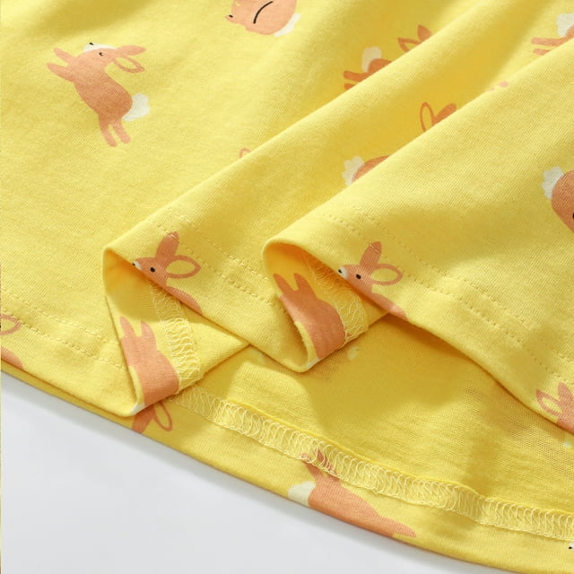 HILEELANG Toddler Girls Easter Short Sleeve Peter Pan Collar Dress Spring Summer Cotton Casual Pink Yellow Bunny Printed Jersey Shirt Dresses 2 Packs 2T