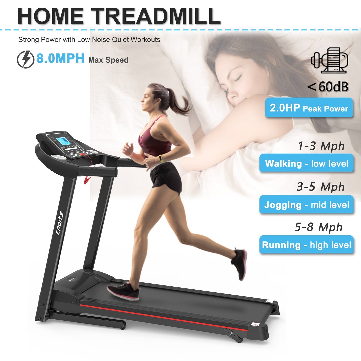 VLDTDRDI Automatic Folding Treadmill with 8mph Speed,50.4" Longer Portable Running Walking Compact Exercise Machine with 5" Screen Display,12 Preset Program, 4-Level Incline and Bluetooth Music