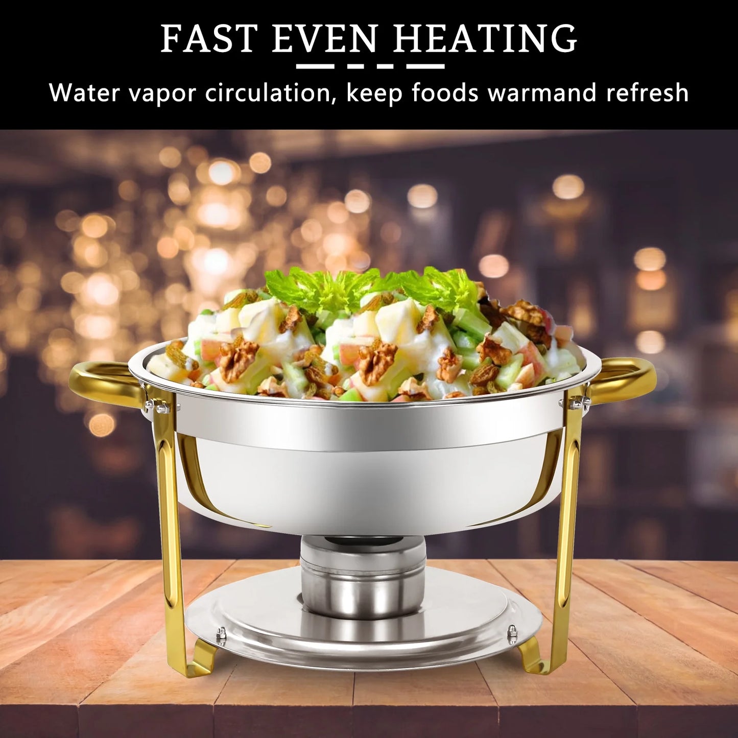 PRIJESSE 6 Qt Gold Chafing Dishes for Buffet with Stainless Steel Lid, Round Chafing Dish Buffet Set with Food and Water Pans for Catering, Parties, Hotels and Weddings, 4 Pack