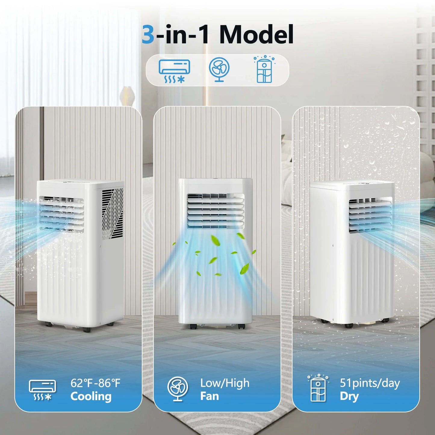 KISSAIR 5,000 BTU (8,000 BTU ASHRAE) Portable Air Conditioner – 3-in-1 AC, Dehumidifier & Fan with 24-Hour Timer