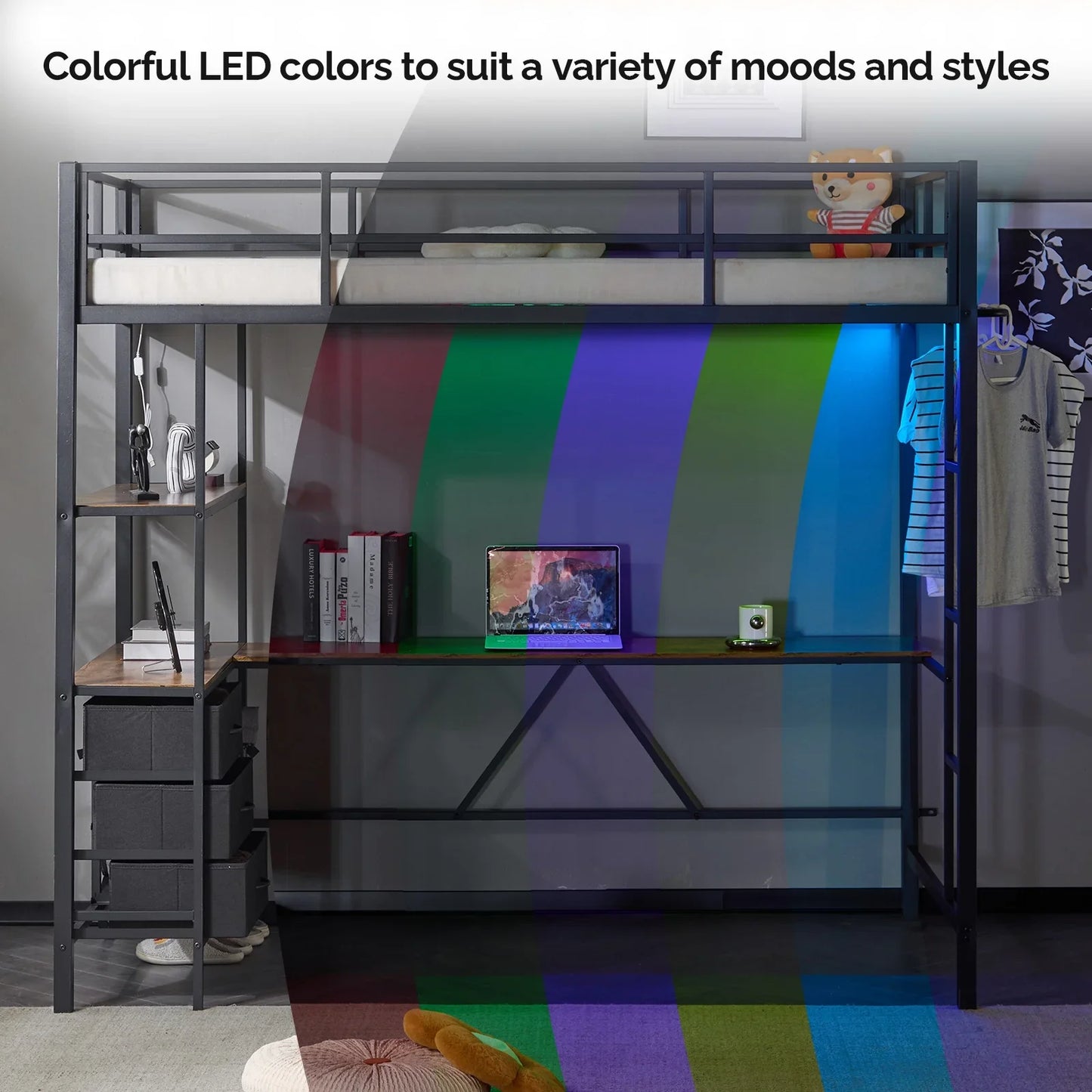 Zimtown Twin Loft Bed Frame with L Shaped Desk, Metal Bed w/ LED Light and Charging Station, Black