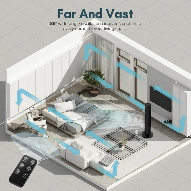 KISSAIR 35" Tower Fan for Home, 85° Oscillating Tower Fan, 4 Modes & 3 Speeds Standing Floor Fan with 12H Timer, Bladeless & Family-Safe Design with Remote Control, (Black)