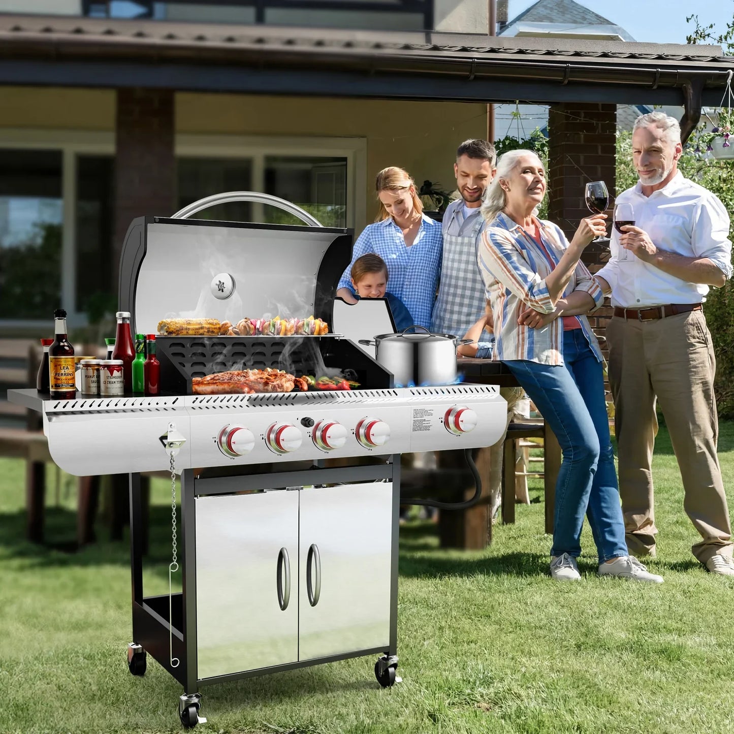 LHRIVER 4 Burner Stainless Steel Propane Gas Grill with Side Burner, Portable Outdoor Barbecue Cooking BBQ, 42,000 BTU