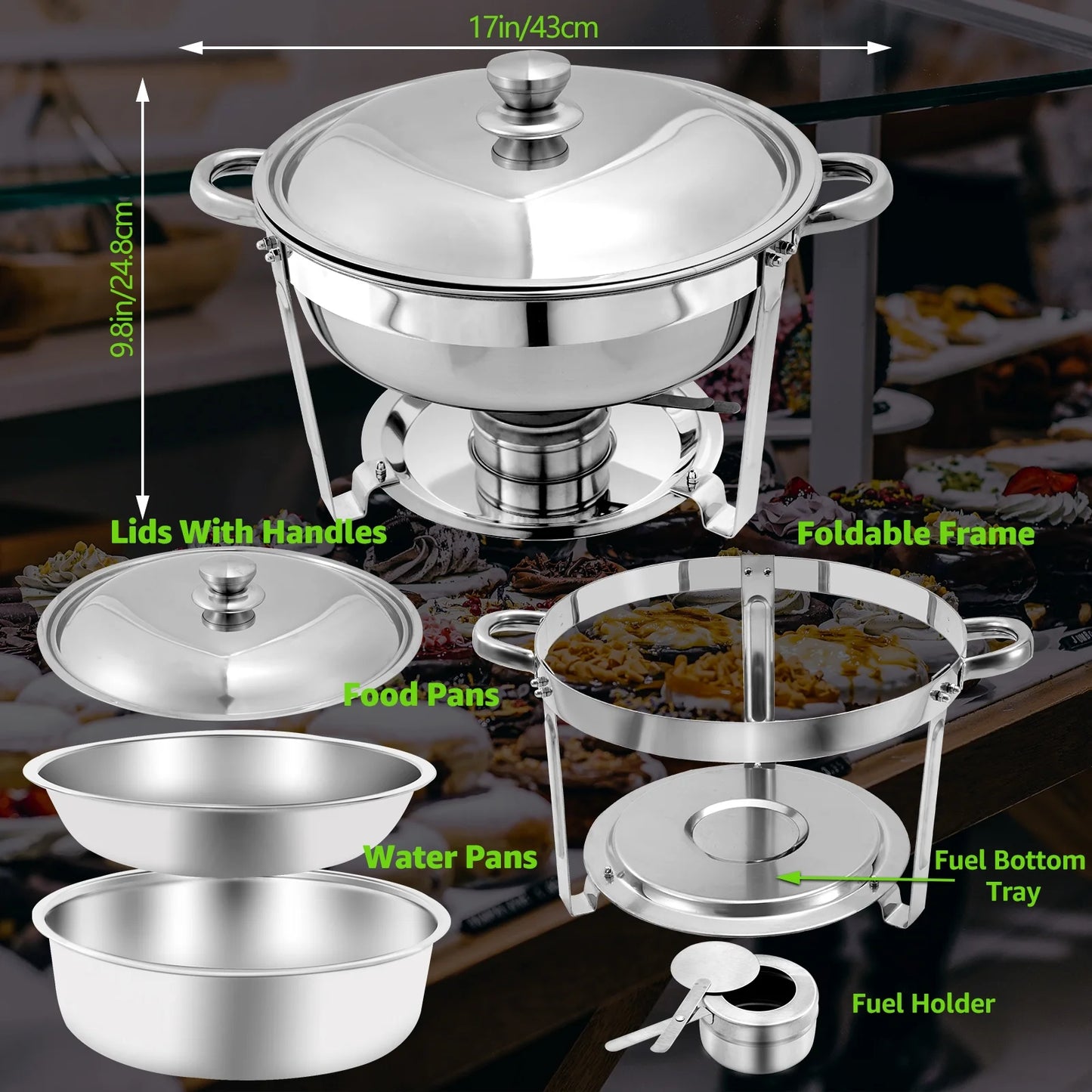 PRIJESSE 4-Pack Chafing Dish Buffet Set, 5QT Round Buffet Servers and Warmers Set, Stainless Steel Catering Food Warmer with Lid for Party